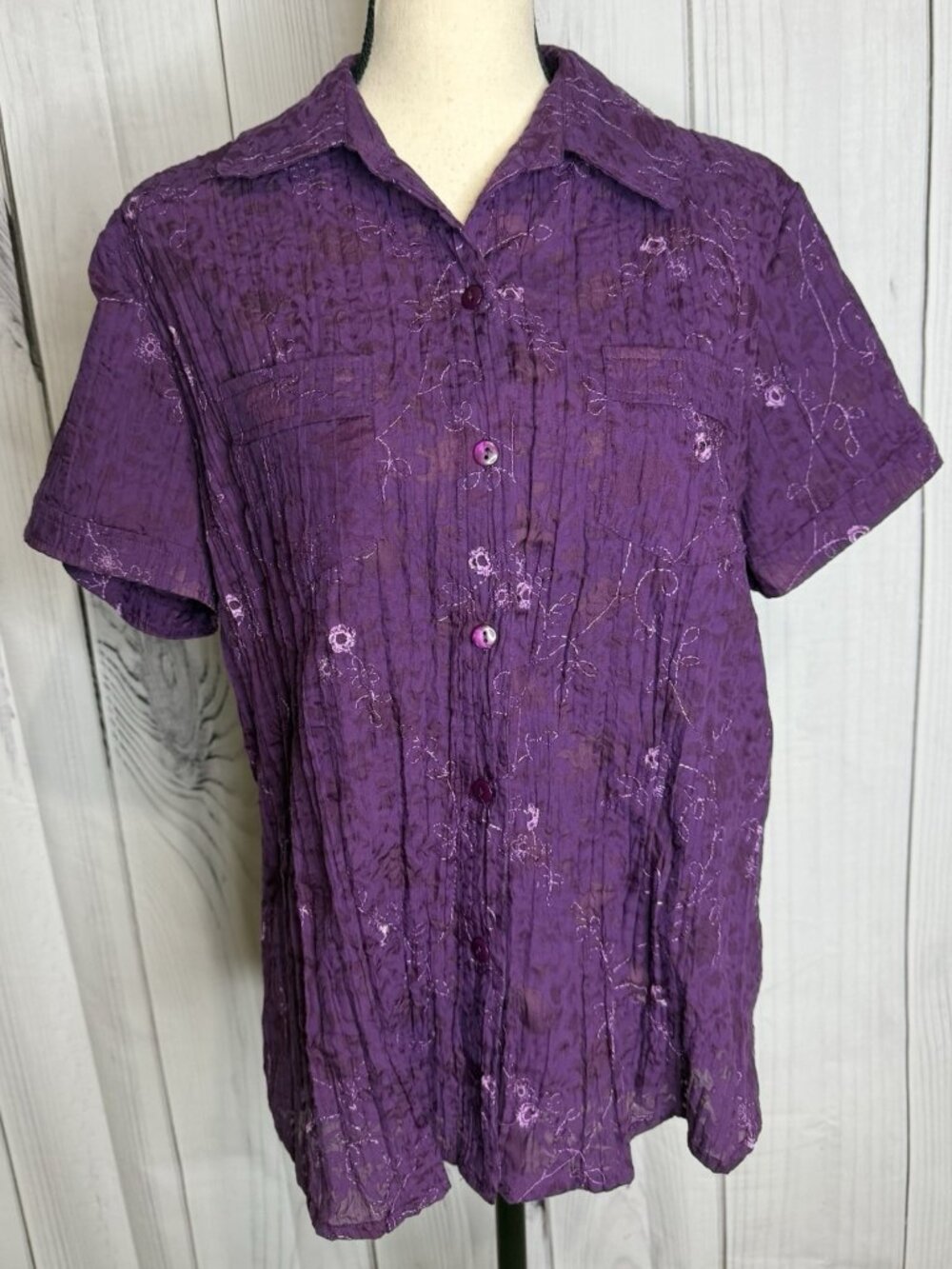 Tanjay Button Up Shirt Sz 16 Purple Short Sleeve Embroidered Textured Semi Sheer